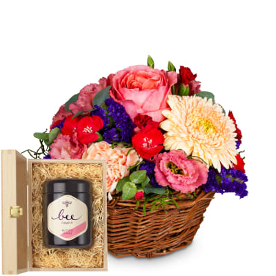 Blumengesteck «Melodie der Farben» mit Schweizer Blütenhonig von Bee-Family