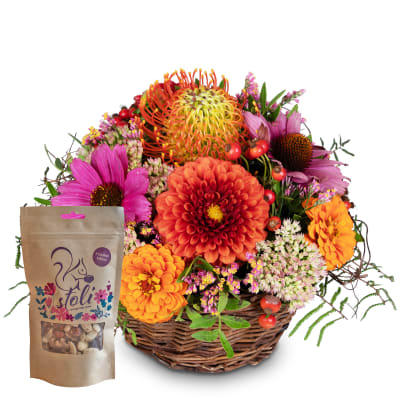 Blumengesteck «Touch of Indian Summer» mit stoli-Nüssen – Fleurop Edition