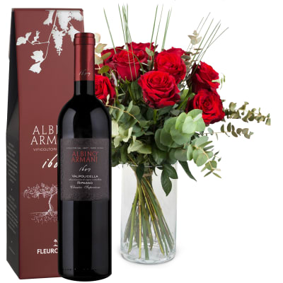 12 Red Roses with greenery and Ripasso Albino Armani DOC (75 cl)