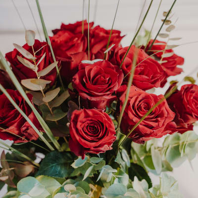 12 Red Roses with greenery
