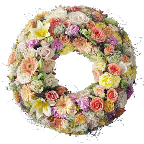 Kranz rundherum mit Blumen (für den Friedhof)