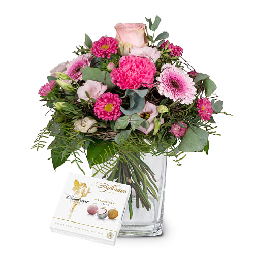 Blumenstrauß Kleine Prinzessin mit Hofbauer Marc de Schlumberger Pralinen, 130g