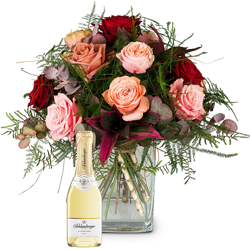Rosenstrauß Romantic Roses mit Schlumberger Sparkling Brut Piccolo 0,2L