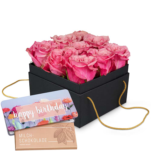 Blumenbox «Lisbon» (15 cm) mit Munz Schoggi-Tafel «Happy Birthday»