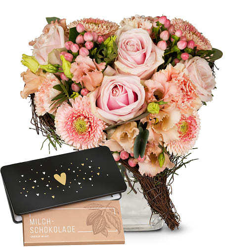 Bouquet de fleurs «De tout cœur» avec Munz tablette de chocolat «Heart»
