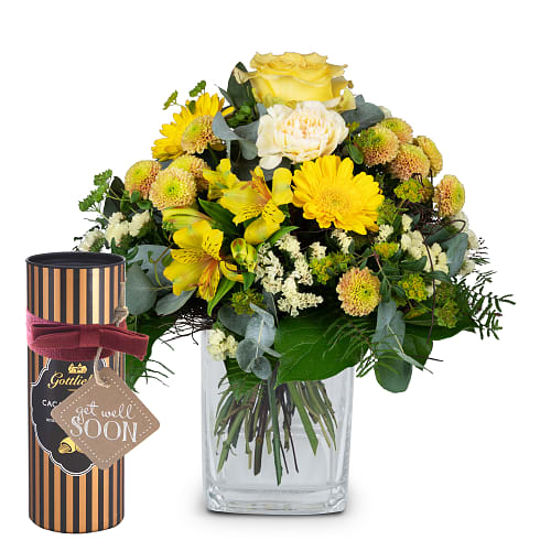 Bouquet de fleurs «Bon rétablissement» avec amandes au cacao Gottlieber et étiquette à suspendre «Get Well Soon»
