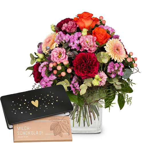 Bouquet de fleurs «Anniversaire» avec Munz tablette de chocolat «Heart»