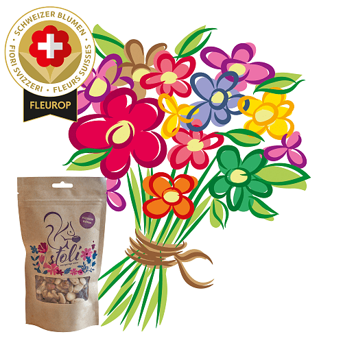 Schweizer Blumenstrauss «Überraschig» mit stoli-Nüssen – Fleurop Edition