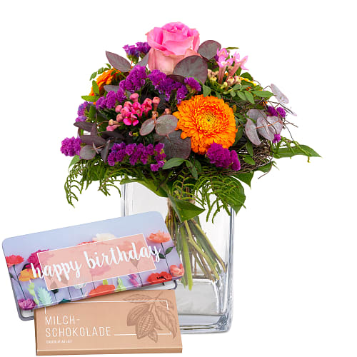 Blumenstrauss «Blossom Beauty» mit Munz Schoggi-Tafel «Happy Birthday»