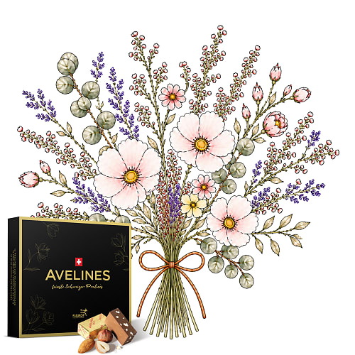 Wiesenstrauss «Light & Natural» in Pastelltönen mit Avelines Pralinés von Maestrani