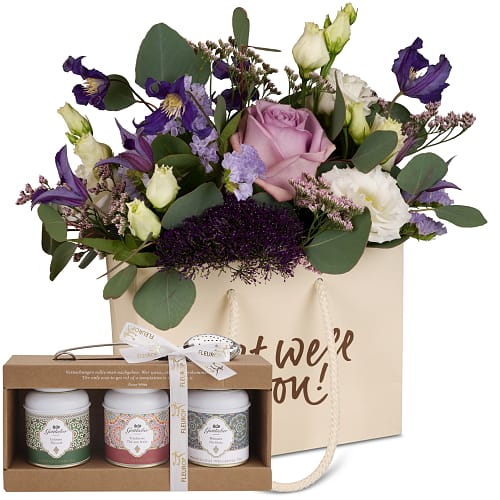 Flower bag «Get well soon!» - in shades of purple with Gottlieber tea gift set