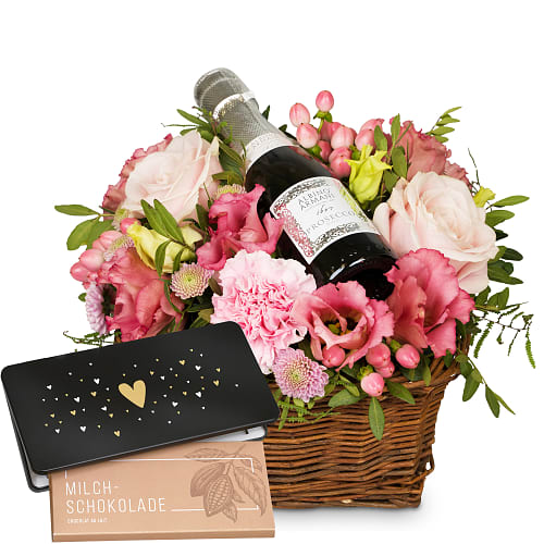 Composizione floreale «Fata floreale» con Prosecco Albino Armani DOC (20 cl) e Munz tavoletta di cioccolato «Heart»