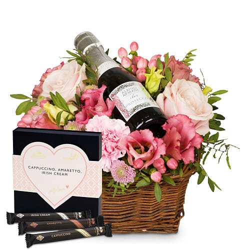Composizione floreale «Fata floreale» con Prosecco Albino Armani DOC (20 cl) e Gottlieber Hüppen «With Love»
