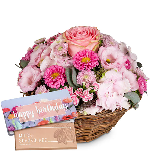 Composizione floreale «Un saluto floreale dai colori delicati» con Munz tavoletta di cioccolato «Happy Birthday»