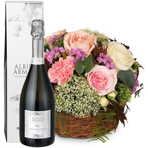 Composizione floreale «Un cestino colmo di poesia con rose» e Prosecco Albino Armani DOC (75 cl)