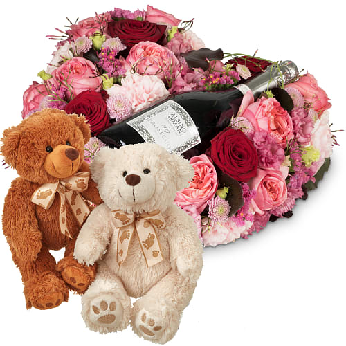 Composizione floreale «Di tutto cuore» con Prosecco Albino Armani DOC (75 cl) e coppia di orsetti in peluche «Bianca & Bruno»