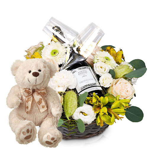 Composizione floreale «Per la festa delle feste» con Prosecco Albino Armani DOC (75 cl) e due flûte con orsetto in peluche «Bianca»
