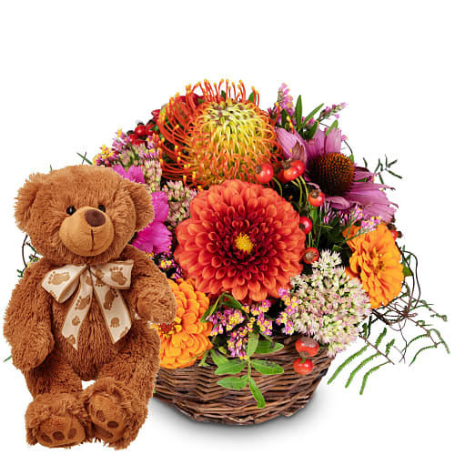 Composizione floreale «Touch of Indian Summer» con orsetto in peluche «Bruno»