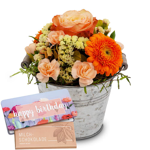 Blumengesteck «Good Feeling» mit Munz Schoggi-Tafel «Happy Birthday»