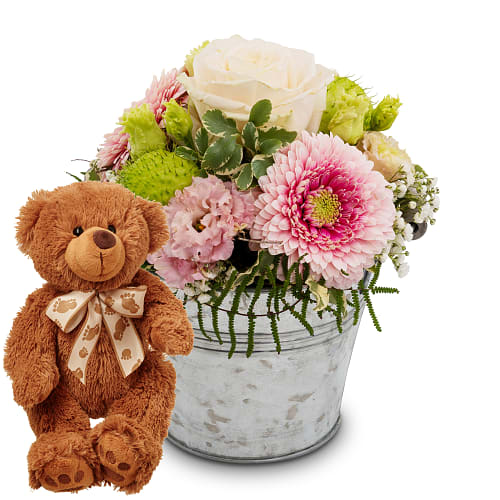 Blumengesteck «Soft Whisper» mit Teddybär «Bruno»