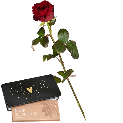 1 rote Rose mit Munz Schoggi-Tafel «Heart»