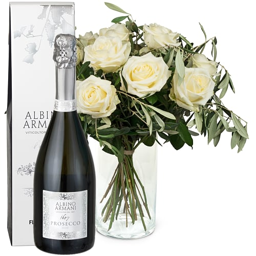 12 rose bianche con verde e Prosecco Albino Armani DOC (75 cl)
