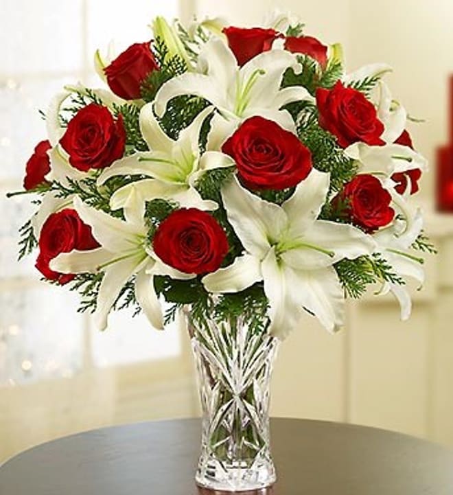 Arrangement of Red Roses and White Liliums in Vase