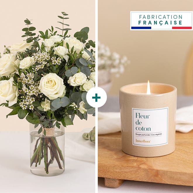 White and green bouquet and candle