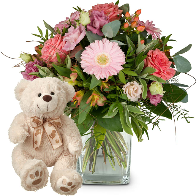 Strauß Herzlichen Glückwunsch mit Teddybär (weiß)