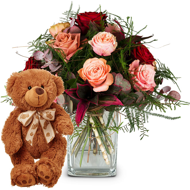 Fleurop Strauß Romantic Roses mit Teddybär (braun)