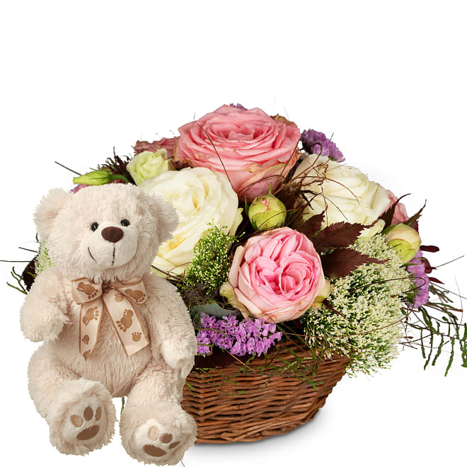 Schnittblumen Ein Korb voll Poesie mit Rosen und Teddybär (weiß)