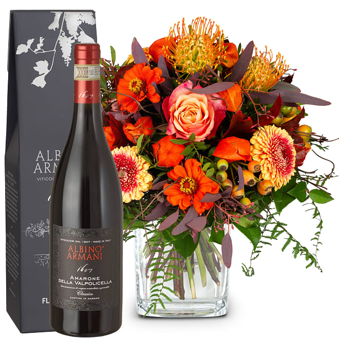 Fleurop Blumenstrauss «Spirit of Indian Summer» mit Amarone Albino Armani  DOCG (75 cl)