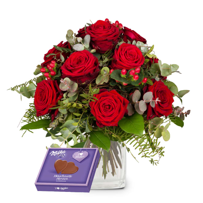 Rosenstrauß I Love You mit Milka Hauchzarte Herzen, 130g