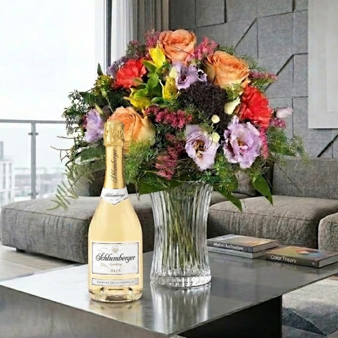 Blumenstrauß Happy Day mit Schlumberger Sparkling Brut 0,75 L