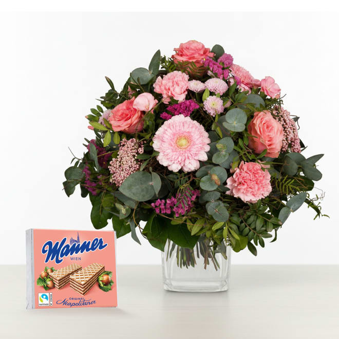 Blumenstrauß Märchen in Rosa mit Manner Neapolitaner Schnitten, 75g