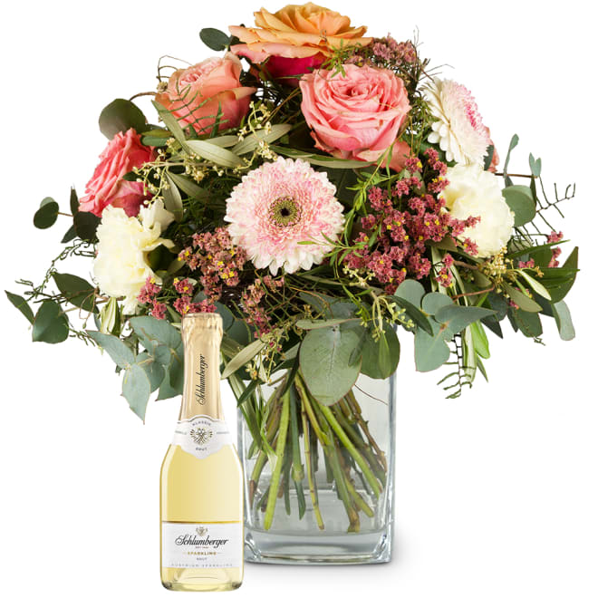 Blumenstrauß Poesie in Pastell mit Schlumberger Sparkling Brut Piccolo 0,2L