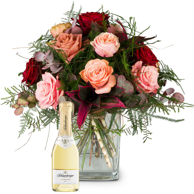 Rosenstrauß Romantic Roses mit Schlumberger Sparkling Brut Piccolo 0,2L