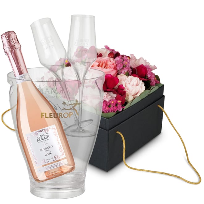 Blumenbox «Seville» (15 cm) mit Prosecco Rosé Albino Armani DOC (75 cl), inkl. Eiskühler und zwei Flûte-Gläser