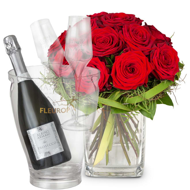 Blumenstrauss «Kleine Rosenperle» mit Prosecco Albino Armani DOC (75 cl), inkl. Eiskühler und zwei Flûte-Gläser