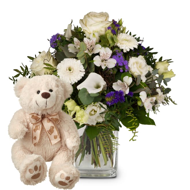 Blumenstrauß Einfach himmlisch ... mit Teddybär (weiß)