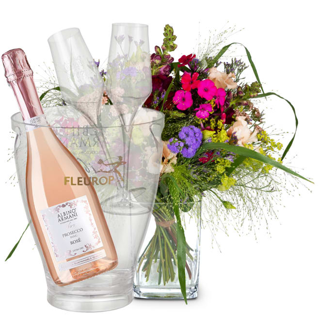Blumenstrauss «Sommerwiese» mit Prosecco Rosé Albino Armani DOC (75 cl), inkl. Eiskühler und zwei Flûte-Gläser