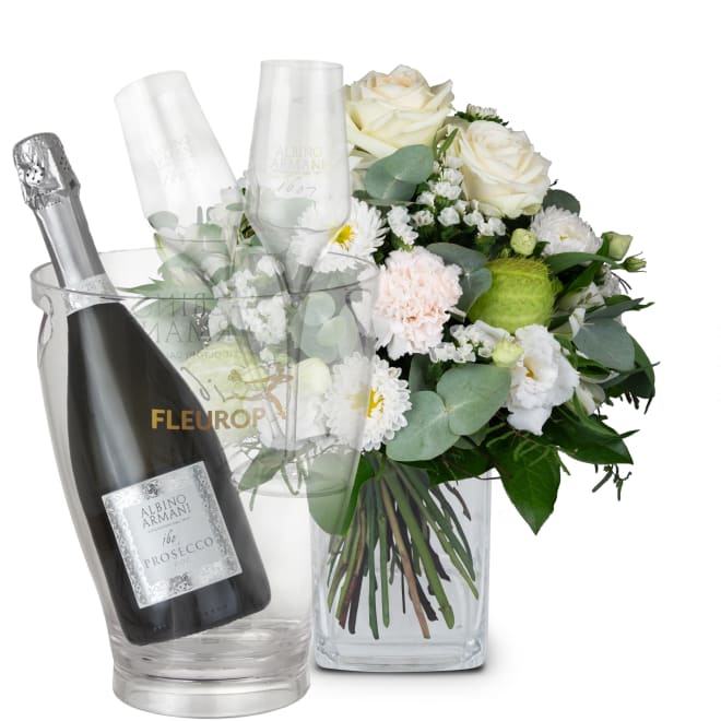 Blumenstrauss «Summer Pearl» mit Prosecco Albino Armani DOC (75 cl) inkl. Eiskühler und zwei Flûte-Gläser