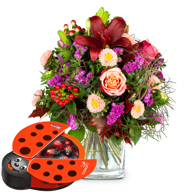 Blumenstrauss des Monats «Oktober» mit Munz Schoggi-Glückskäfer