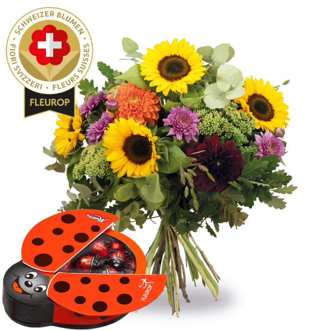 Schweizer Blumenstrauss «Herbscht-Momänt» mit Munz Schoggi-Glückskäfer