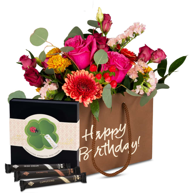 Flower bag «Happy Birthday» with Gottlieber Hüppen «Good Luck»