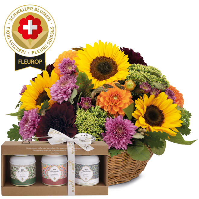 Schweizer Blumengesteck «Herbscht-Zauber» mit Gottlieber Tee Geschenk-Set
