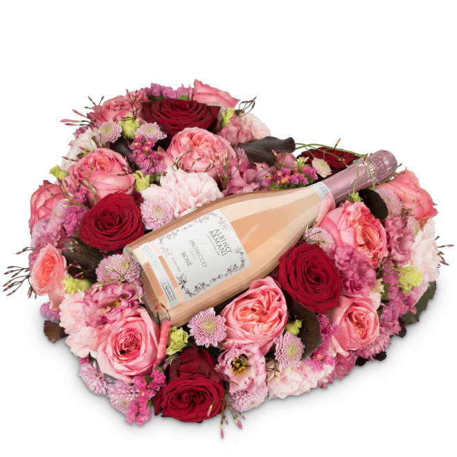 Composizione floreale «Di tutto cuore» con Prosecco Rosé Albino Armani DOC (75 cl)