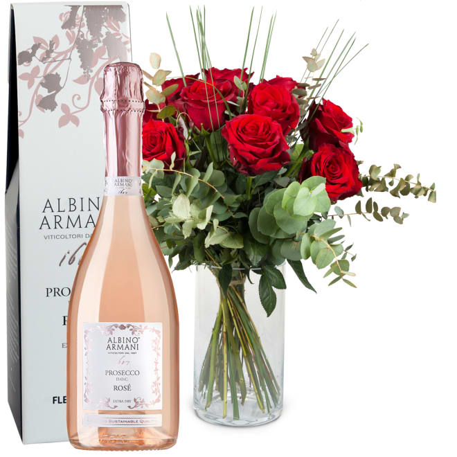 12 rote Rosen mit Grün und Prosecco Rosé Albino Armani DOC (75 cl)
