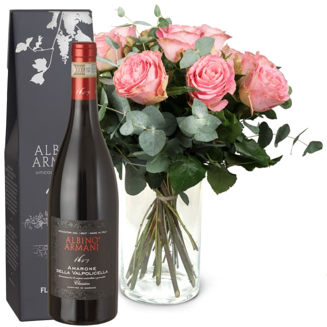 12 rosa Rosen mit Grün und Amarone Albino Armani  DOCG (75 cl)