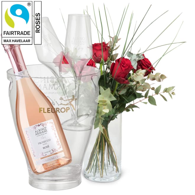 5 rote Fairtrade-Rosen Max Havelaar mit Grün und Prosecco Rosé Albino Armani DOC (75 cl) inkl. Eiskühler und zwei Flûte-Gläser